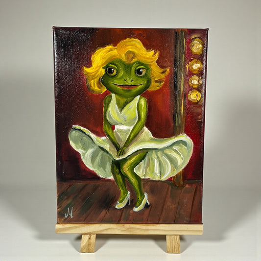 Alkuperäinen öljymaalaus Marilyn Monroe -henkisestä sammakkohahmosta, Froggies-sarja