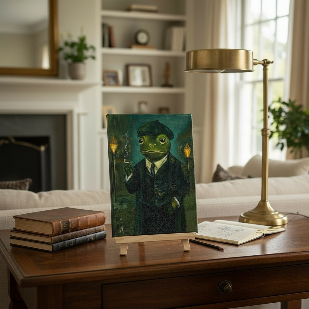 Gentleman Frog on alkuperäinen käsinmaalattu öljymaalaus taiteilijan Froggies-sarjasta