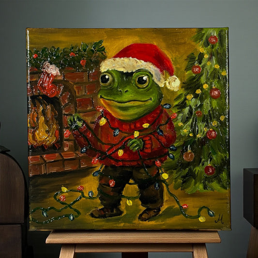 Jouluteemainen sammakkotaulu takan ja joulukuusen äärellä, alkuperäinen taideteos