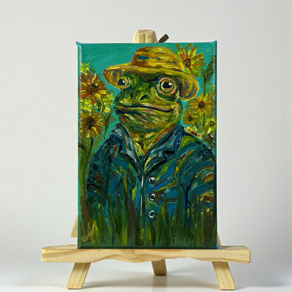 Käsinmaalattu öljymaalaus sammakkohahmosta ja auringonkukista Van Gogh -inspiroitussa tyylissä
