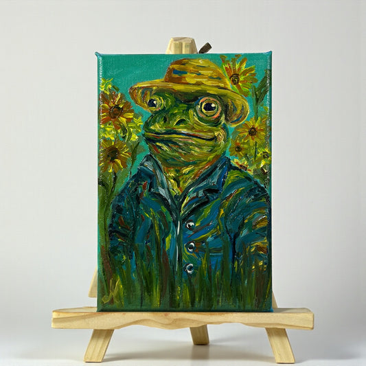 Käsinmaalattu öljymaalaus sammakkohahmosta ja auringonkukista Van Gogh -inspiroitussa tyylissä