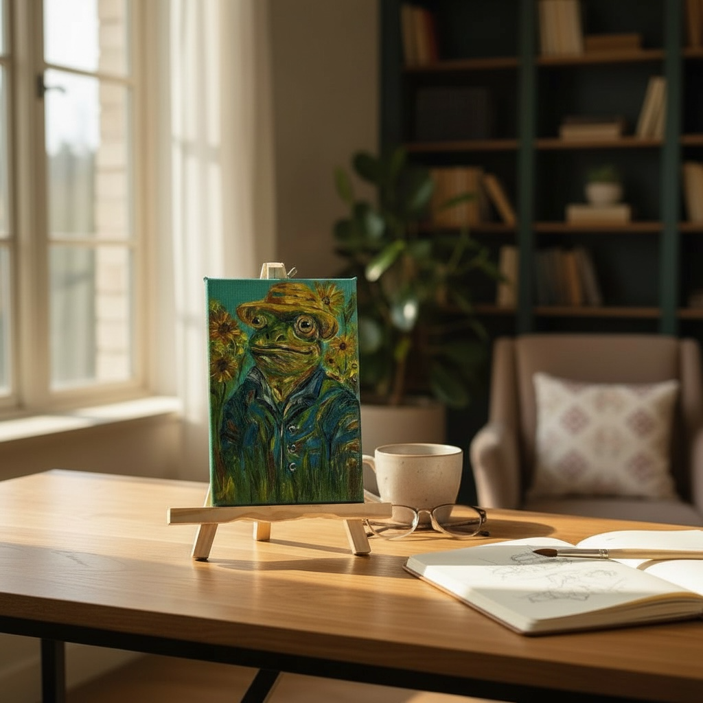 Värikäs sammakkotaulu auringonkukkien keskellä, Froggies-kokoelman alkuperäinen taideteos
