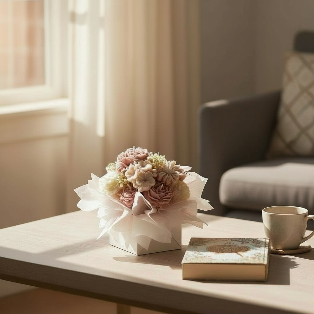 Pehmeä nudesävyinen pioni kynttiläkimppu lahjapakkauksessa – 100% soijavaha, käsintehty Suomessa