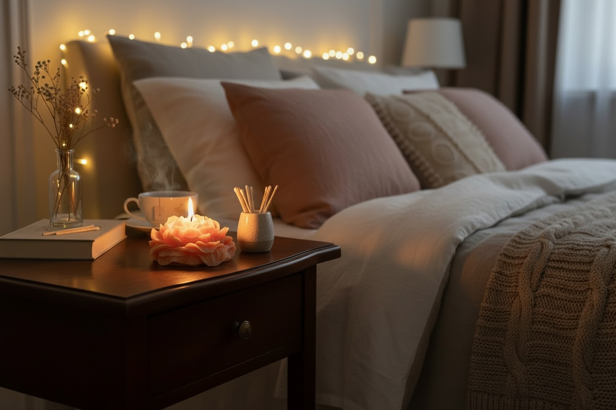 Kynttilä makuuhuoneessa yöpöydällä, lämmin iltatunnelma