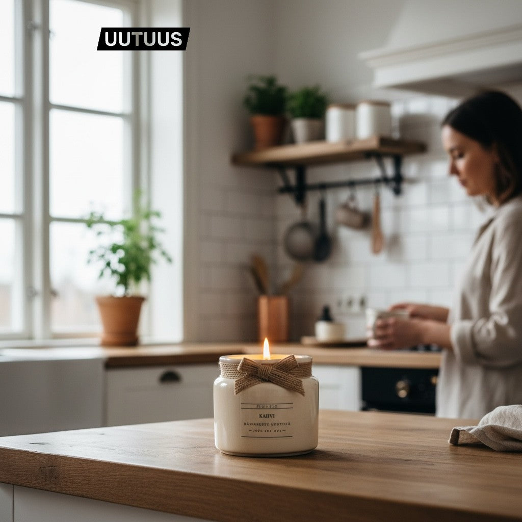 Flow-Flo Kahvi -tuoksukynttilä: minimalistinen vaalea keraaminen purkki, käsin sidottu juuttirusetti, 100% ekologinen soijavaha paahdetulla kahvi-aromilla