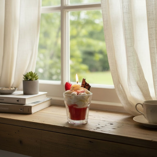 Mansikka-unelma -koristekynttilä: soijavahasta tehty jälkiruoka lasissa, punainen marjakerros, kermavaahto ja söpö suklaa-mansikka -päällinen