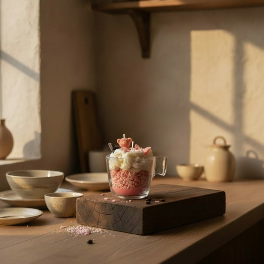 Karhun unelma -koristekynttilä: läpinäkyvä lasi, pinkki sokerimuru-soijavaha, pursotettu kerma ja söpö teddy bear -päällinen