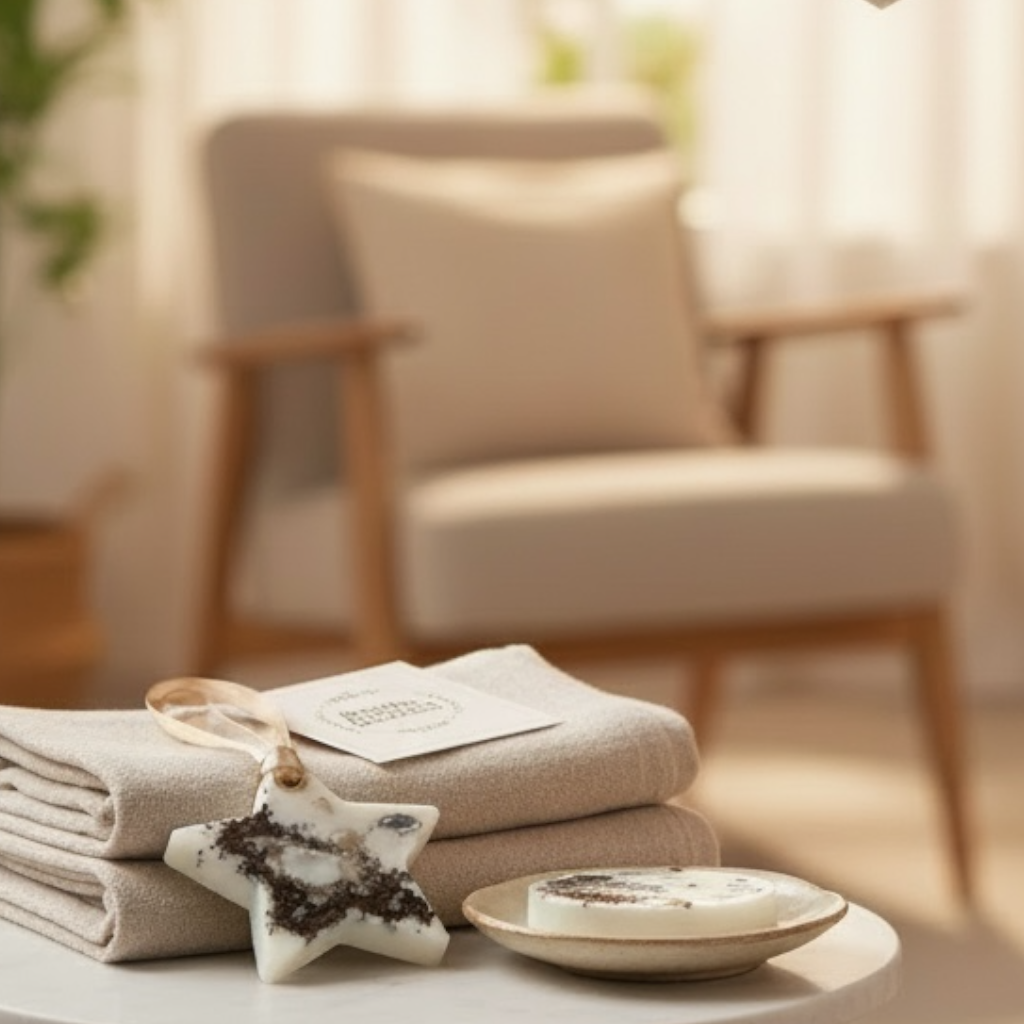 Aromaattinen sašetti kahvin tuoksulla – soijavaha, aitoja kahvinpapuja ja valkoisia kukkia