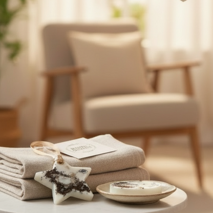 Aromaattinen sašetti kahvin tuoksulla – soijavaha, aitoja kahvinpapuja ja valkoisia kukkia