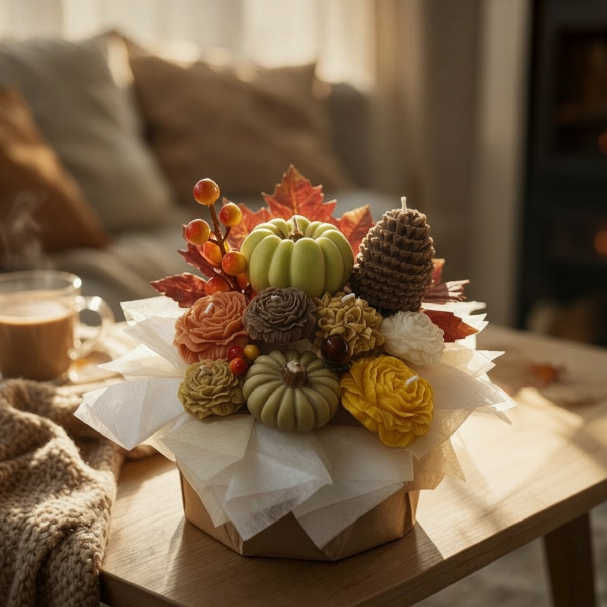 Autumn candle bouquet displayed outdoors on grass with fallen leaves