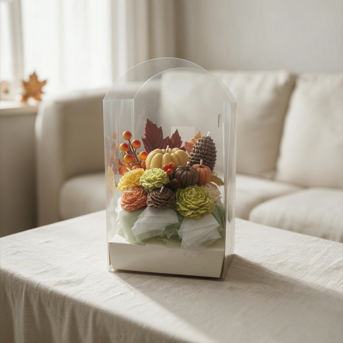 Handmade autumn candle bouquet with pumpkins
