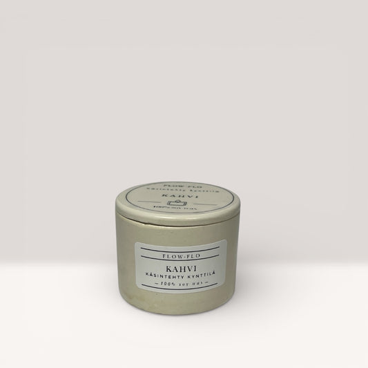 Flow Flo Kahvi -käsintehty tuoksukynttilä vaaleassa kipsipurkissa, 100 % soijavahaa, kahvipavut ympärillä – lämmin paahteinen luonnollinen tuoksukynttilä