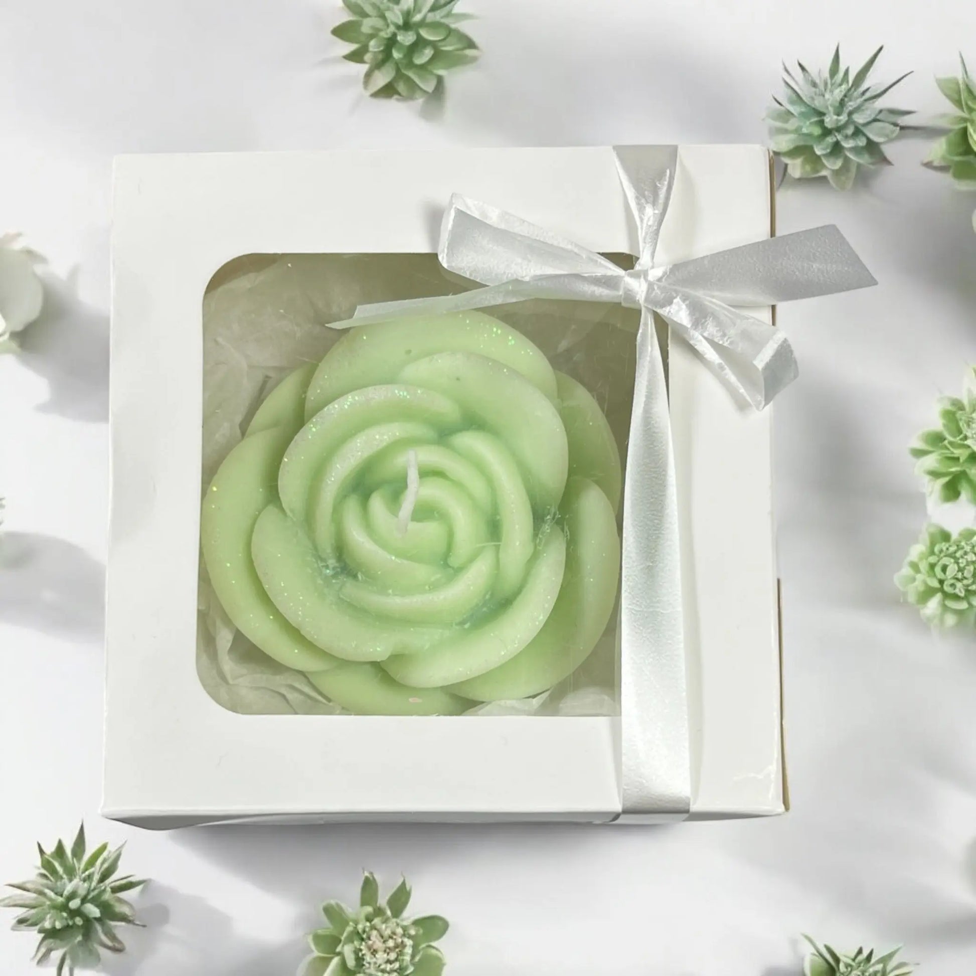 Handmade rose-shaped soy candle in elegant gift box
