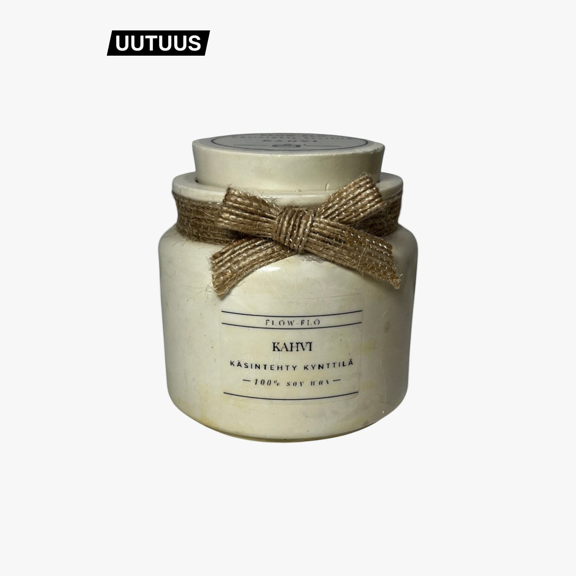 Käsintehty tuoksukynttilä Kahvi vaaleassa keramiikkapurkillisessa, juuttinauhalla sidottu rusetti, Flow-Flo soijavahakynttilä kahvituoksulla