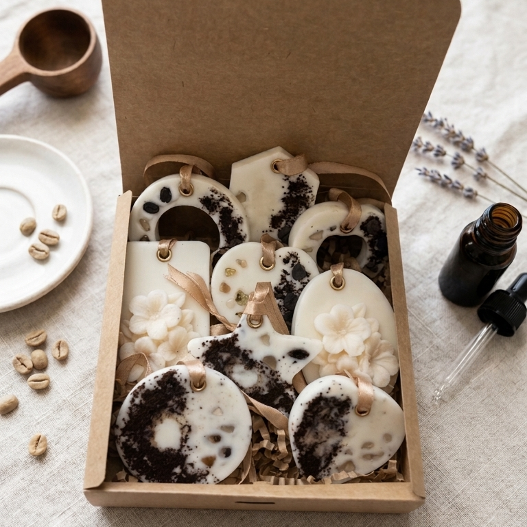 Käsintehty kahvi-tuoksupussi soijavahasta kauniissa lahjapakkauksessa