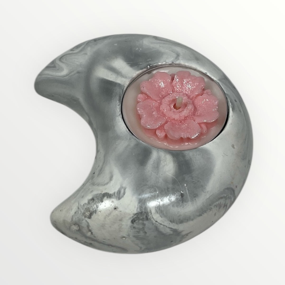 Valkoinen Kuu-lampokynttiläkuppi kukkamuotoisella lämpökynttilällä