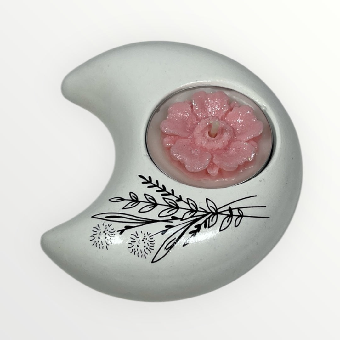 Valkoinen Kuu-lampokynttiläkuppi kukkamuotoisella lämpökynttilällä