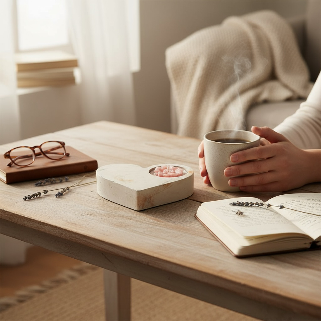 Sydänmuotoinen kynttiläalusta ja vaaleanpunainen kukkakynttilä – käsintehty