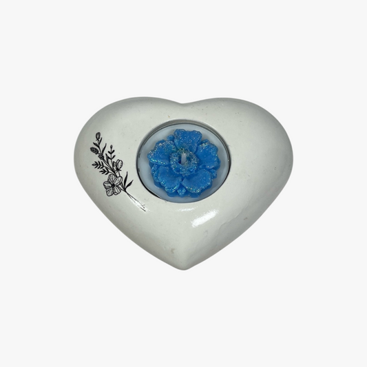 Käsintehty sydämenmuotoinen Lämpökynttiläkuppi ja sininen kukkalämpökynttilä