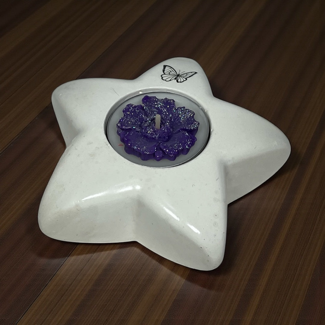 Käsintehty tähtimallinen Lämpökynttiläkuppi ja violetti kukka-Lämpökynttilä