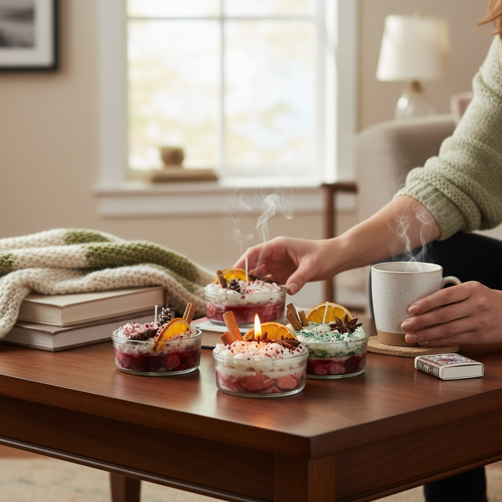 Kaneli ja kuivattu appelsiini kynttilän koristeena – käsintehty