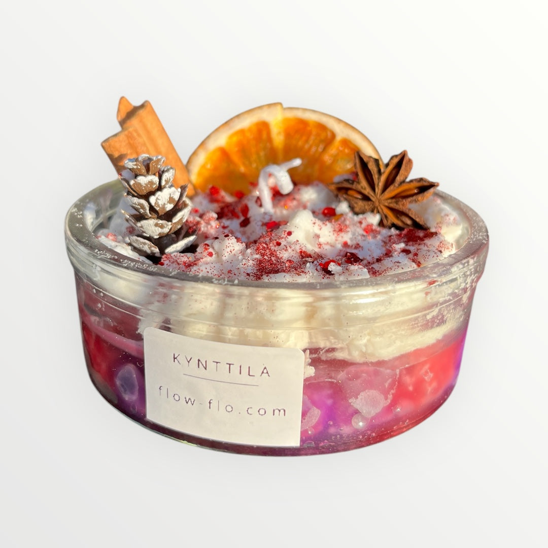 Talvinen lasipurkkikynttilä, käsintehty Flow-Flo -studiossa