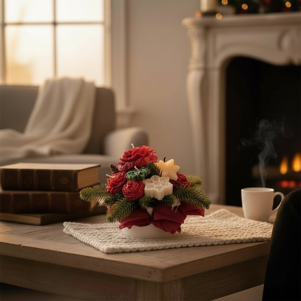 Jouluinen käsintehty kynttiläkimppu olohuoneen pöydällä takkatulen äärellä.