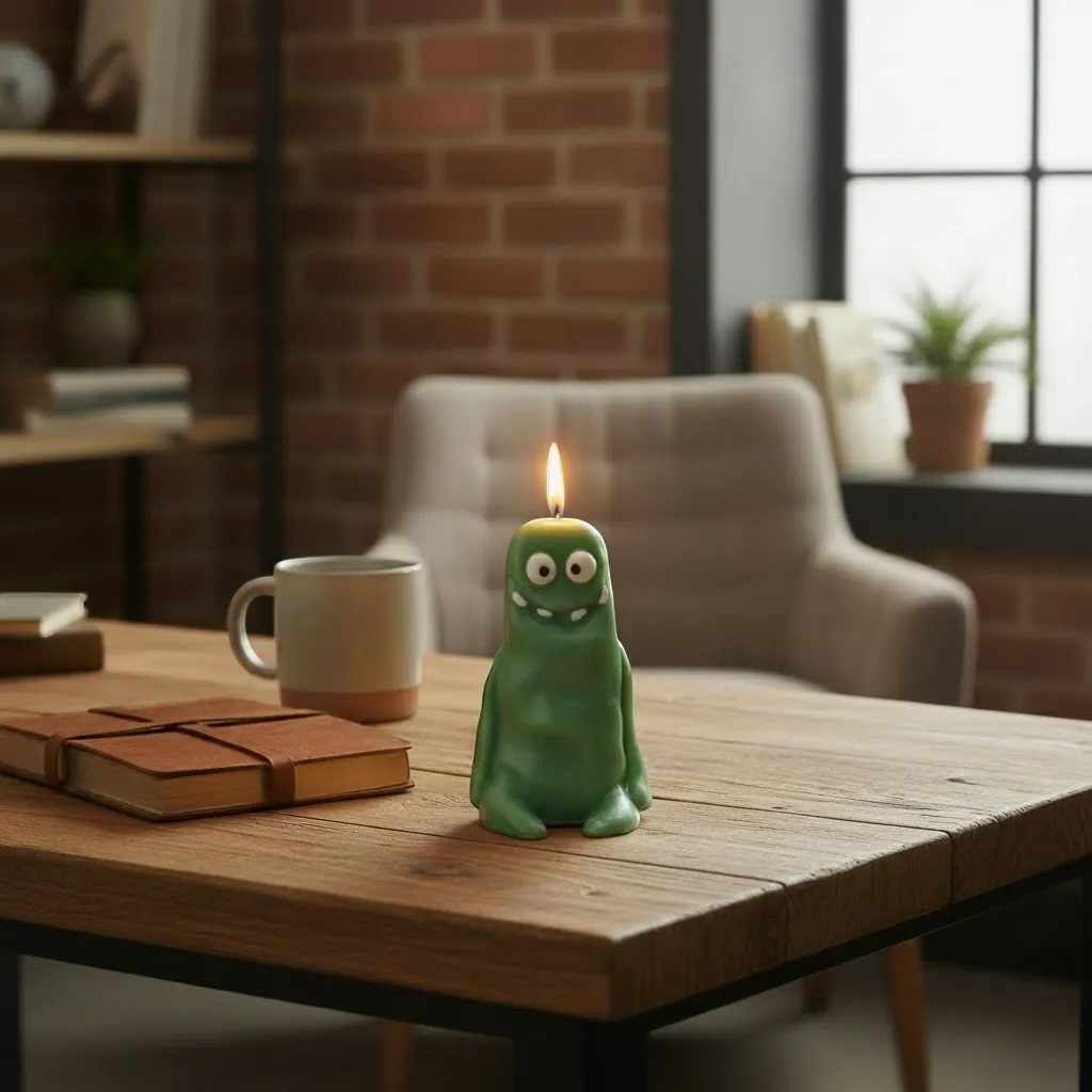 Flow-Flo green soy wax "Cute Monster" candle with a burning wick, featuring googly eyes and a smiling mouth.