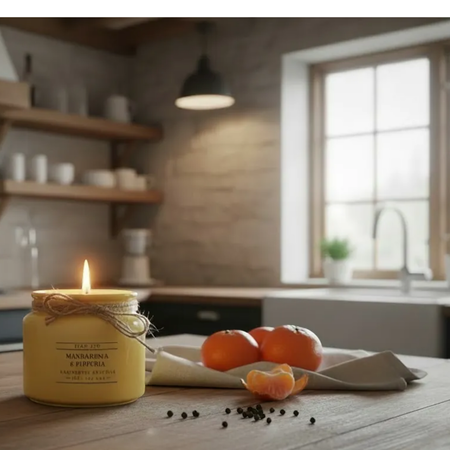Flow-Flo Mandarin & Pepper scented candle in a yellow jar with twine, made from soy wax. Fresh citrus and spicy notes.