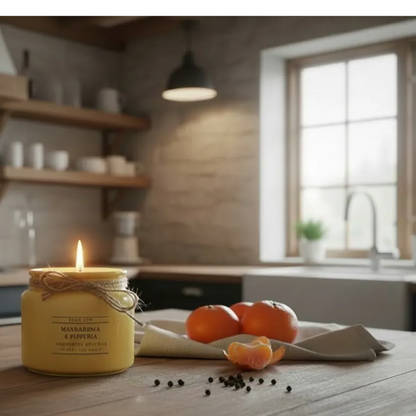 Flow-Flo Mandarin & Pepper scented candle in a yellow jar with twine, made from soy wax. Fresh citrus and spicy notes.