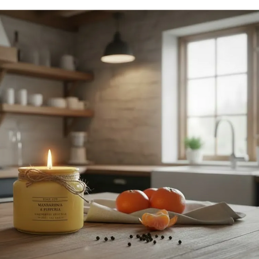 Flow-Flo Mandarin & Pepper scented candle in a yellow jar with twine, made from soy wax. Fresh citrus and spicy notes.