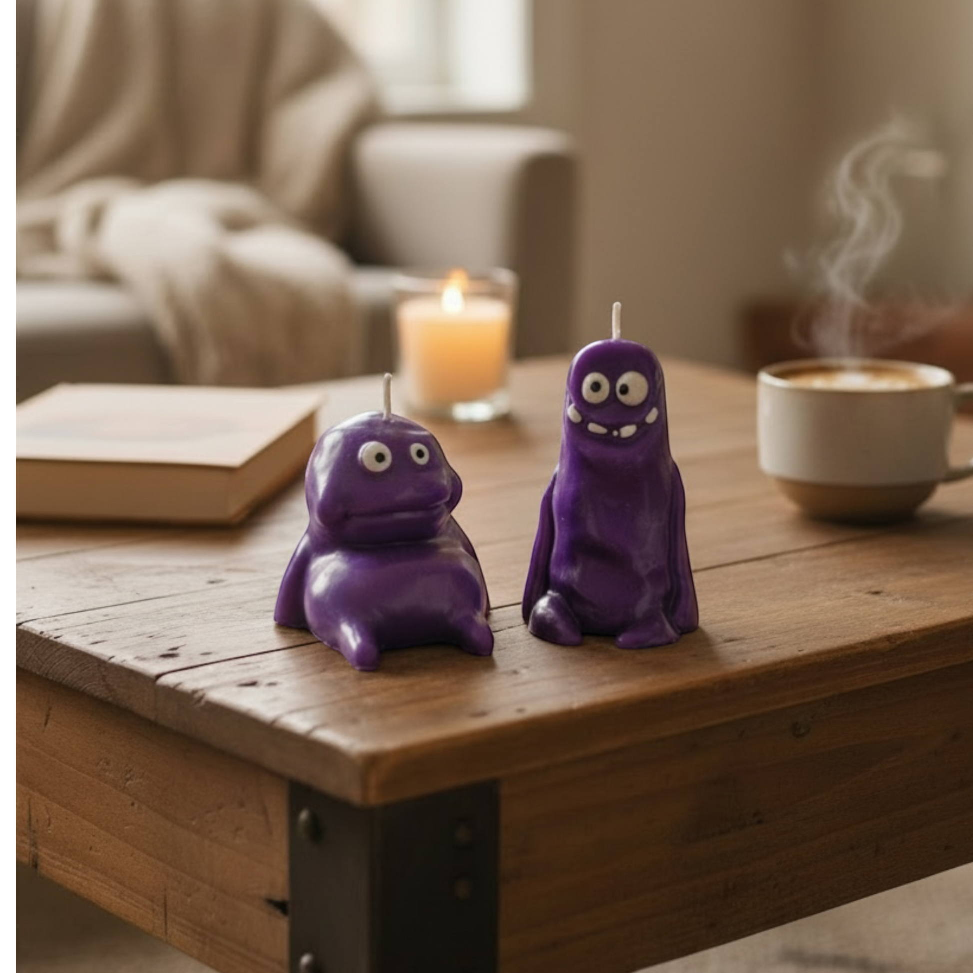 Flow-Flo purple soy wax "Cute Monster" character candles, handmade with unique features, perfect for decor or gifts.
