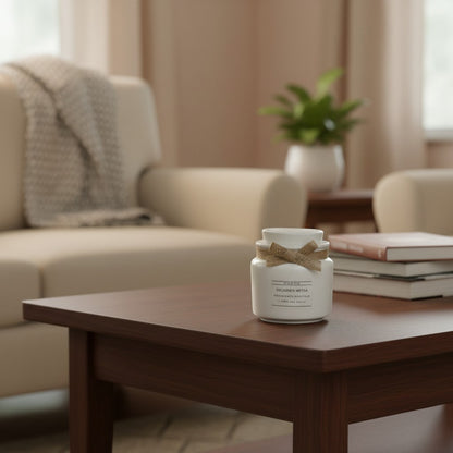 Flow-Flo white ceramic jar candle with jute bow, handmade soy wax, 'Hiljainen Metsä' forest scent.