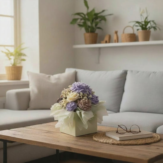 Suomesta käsintehty pioni kynttiläkimppu pastelliväreissä lahjarasiassa