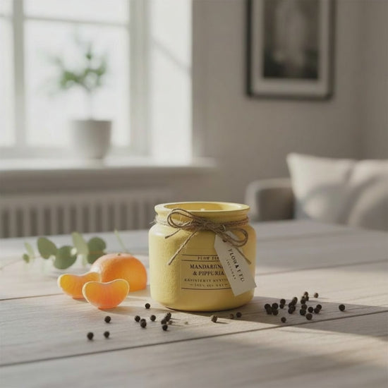 Flow Flo Mandariini & Pippuri -tuoksukynttilä rustiikkisessa keltaisessa purkissa juuttinarulla koristeltuna, mehukkaita mandariiniviipaleita ja mustapippureita vieressä – mausteinen ja raikas käsintehty soijavaha kynttilä.