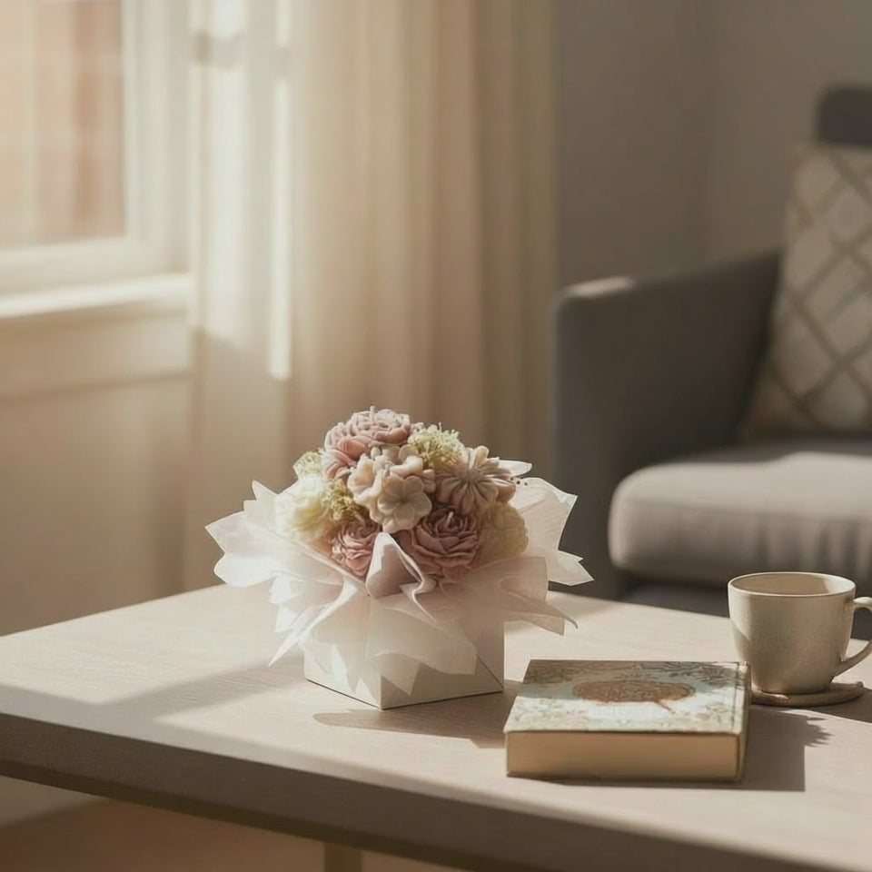 Lahjaidea: käsintehty soijavaha kynttiläbouquet valkoisessa rasiassa ikkunalla – lempeät beige ja vaaleanpunaiset sävyt