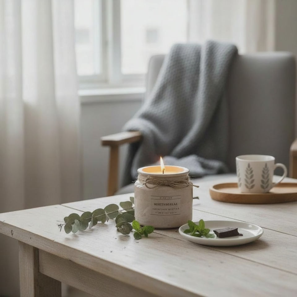 Raikas Minttusuklaa käsintehty tuoksukynttilä Flow Flolta, 100 % kasviperäinen soijavaha vaaleanruskeassa purkissa juuttinarulla – mintunlehdet ja suklaa ympärillä, herkullinen ekologinen sisustuskynttilä.