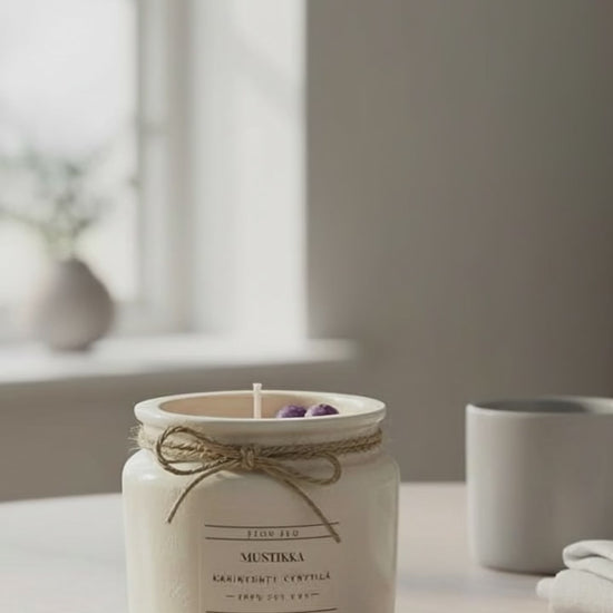 Flow Flo Mustikka -tuoksukynttilä rustiikkisessa valkoisessa purkissa narukoristeella puupöydällä – mehukas mustikan tuoksu, myrkyttömästi palava käsintehty soijavaha kynttilä luonnon tunnelmaan.