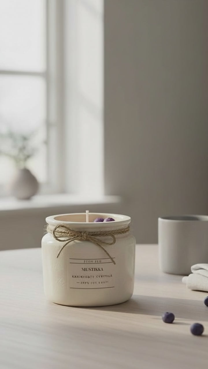 Flow Flo Mustikka -tuoksukynttilä rustiikkisessa valkoisessa purkissa narukoristeella puupöydällä – mehukas mustikan tuoksu, myrkyttömästi palava käsintehty soijavaha kynttilä luonnon tunnelmaan.