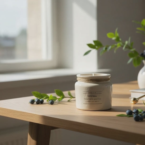 Marjainen Mustikka käsintehty tuoksukynttilä Flow Flolta, 100 % kasviperäinen soijavaha valkoisessa purkissa juuttinarulla – tuoreita mustikoita ympärillä, raikas ekologinen sisustuskynttilä suomalaisesta metsästä.