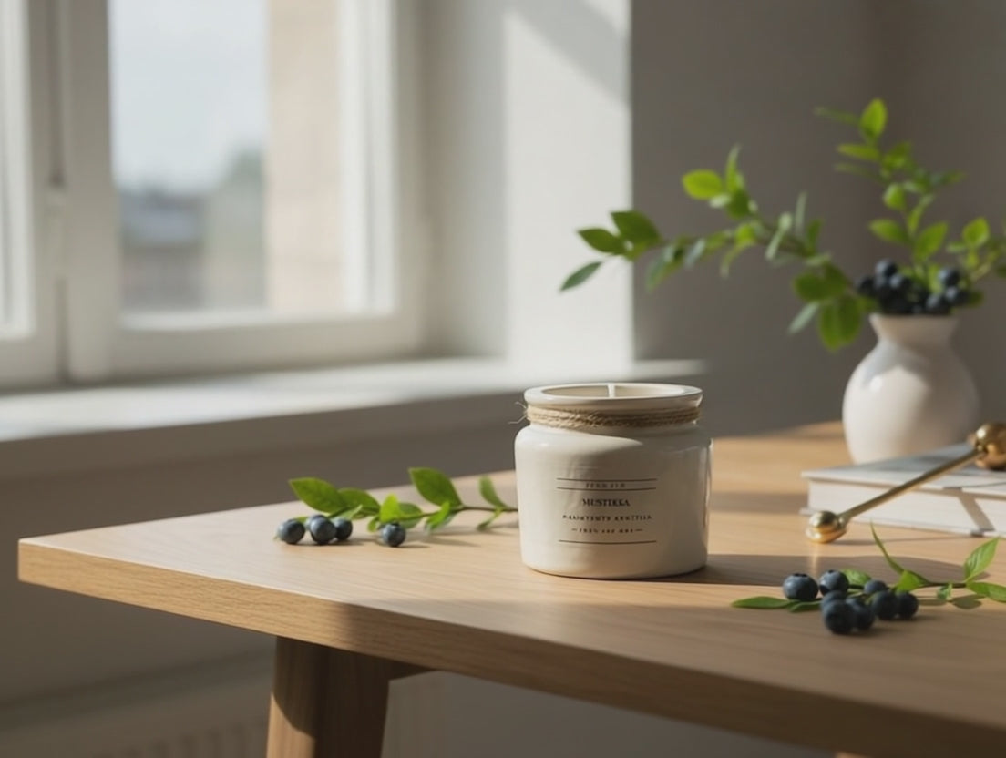 Marjainen Mustikka käsintehty tuoksukynttilä Flow Flolta, 100 % kasviperäinen soijavaha valkoisessa purkissa juuttinarulla – tuoreita mustikoita ympärillä, raikas ekologinen sisustuskynttilä suomalaisesta metsästä.